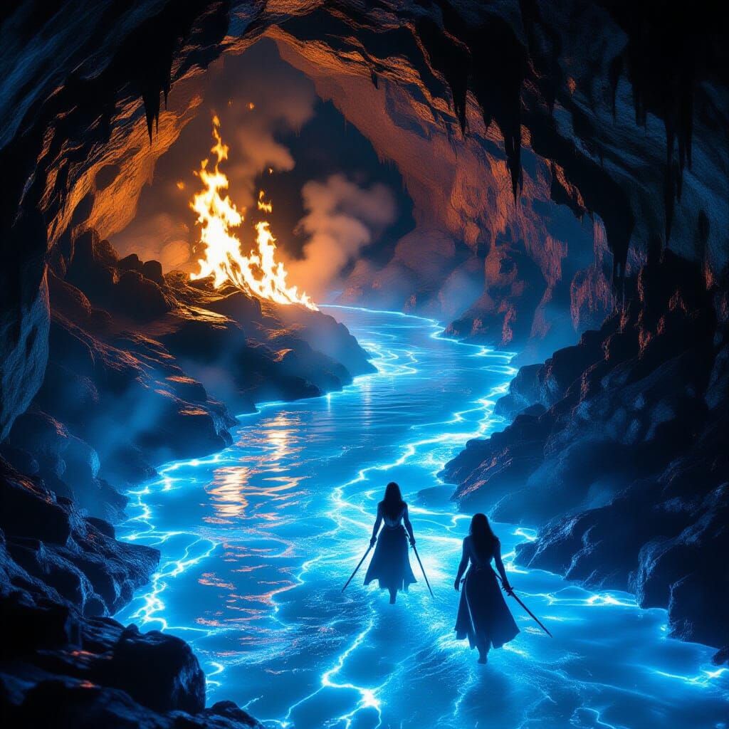 Burning River with Fiery Flames in Underground Cavern