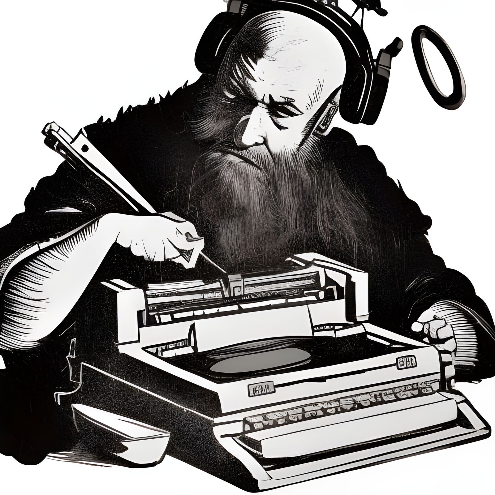 Architect Forging Typewriter in Linocut Style