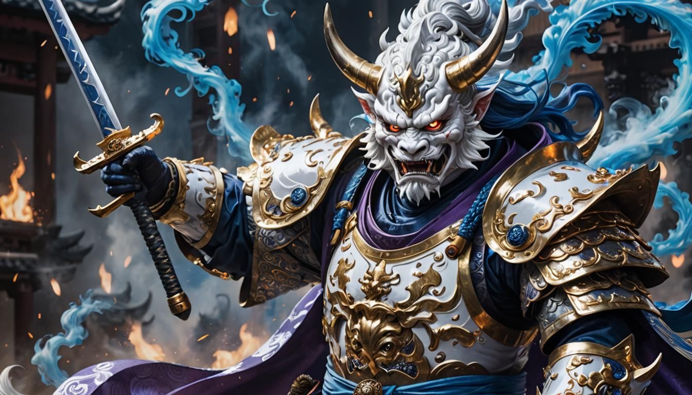 A white Oni with blue smoke, holding up his sword in the air, wearing silver armor and kimono. Detailed illustration wit...