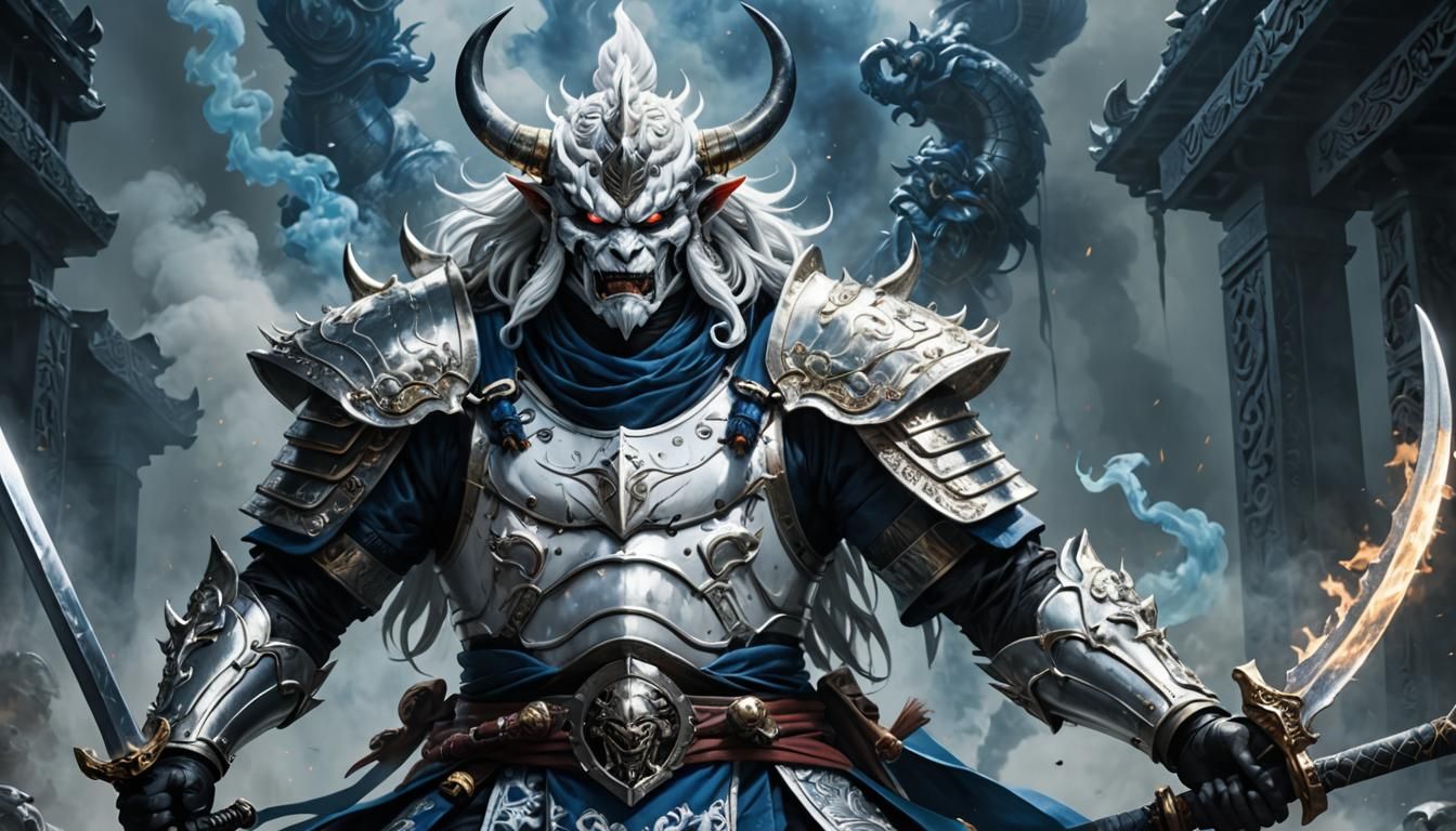 A white Oni with blue smoke, holding up his sword in the air...