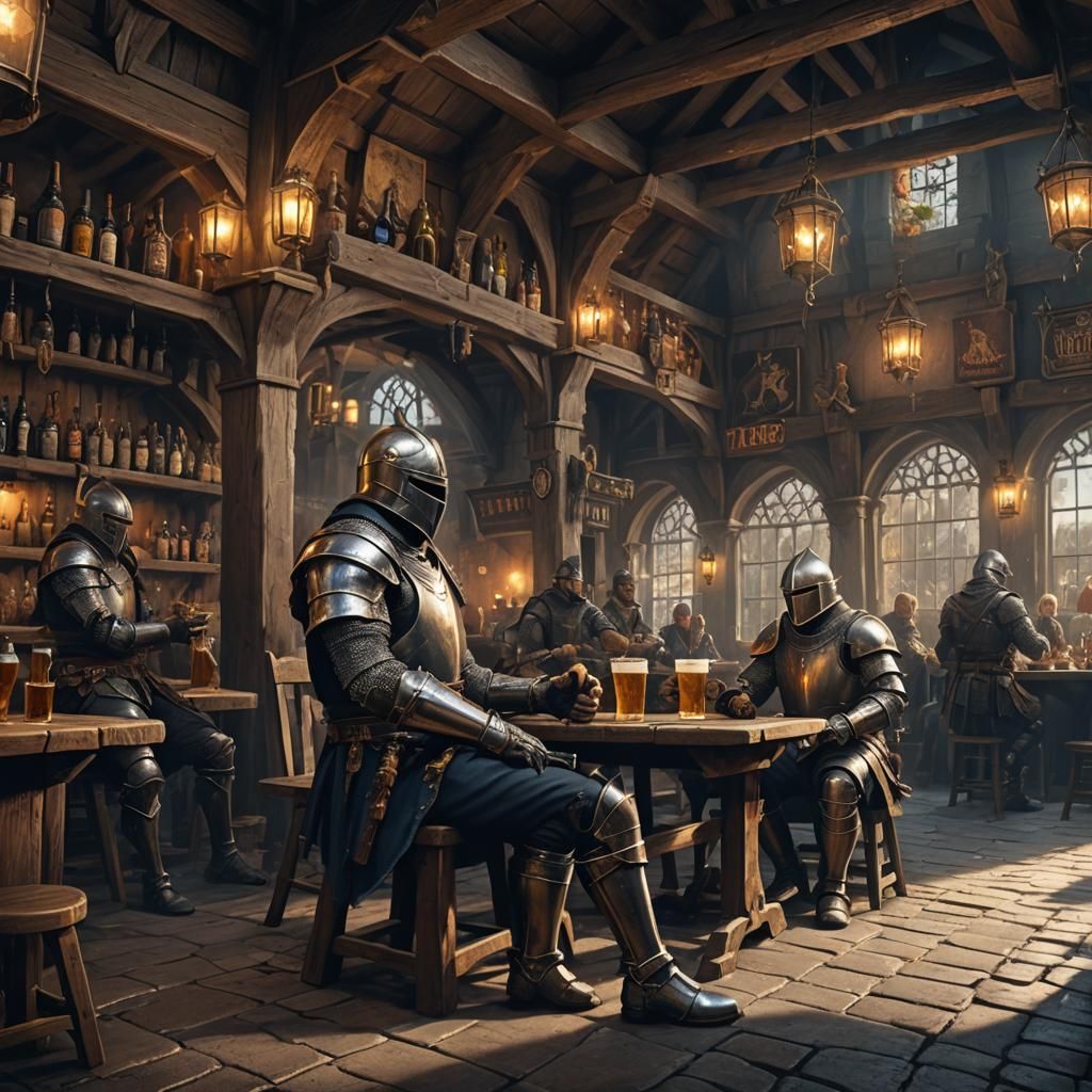 Knights Enjoying Beer in Dark Fantasy Tavern