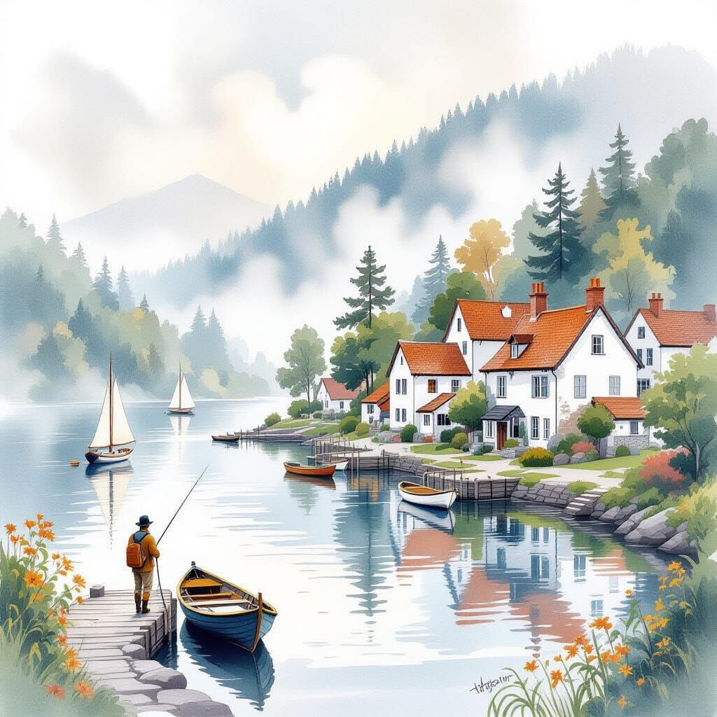 Lakeside Village Hiker, Watercolor Art