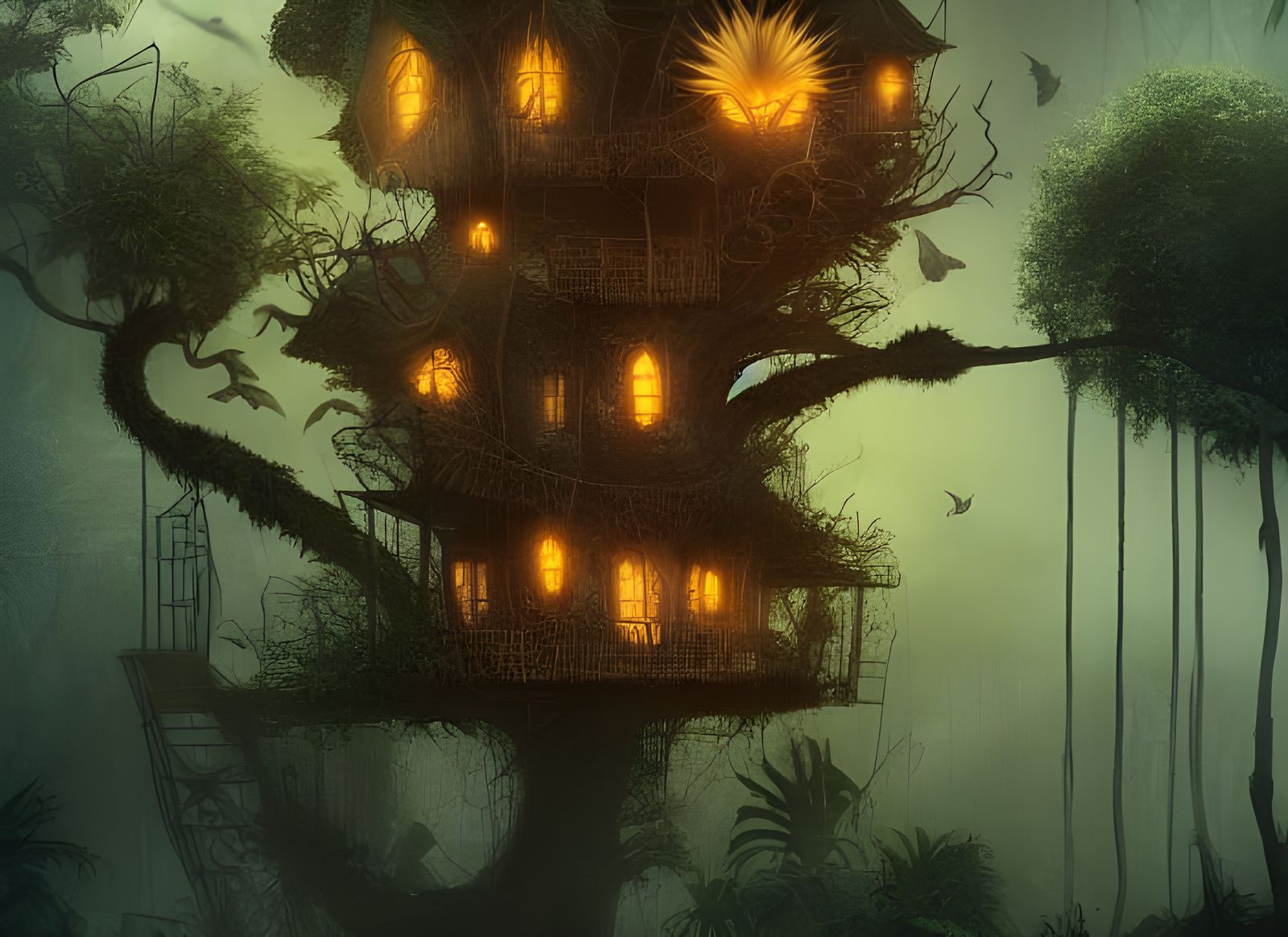 Witches Fly Over Jungle Treehouse in Vaporwave Style