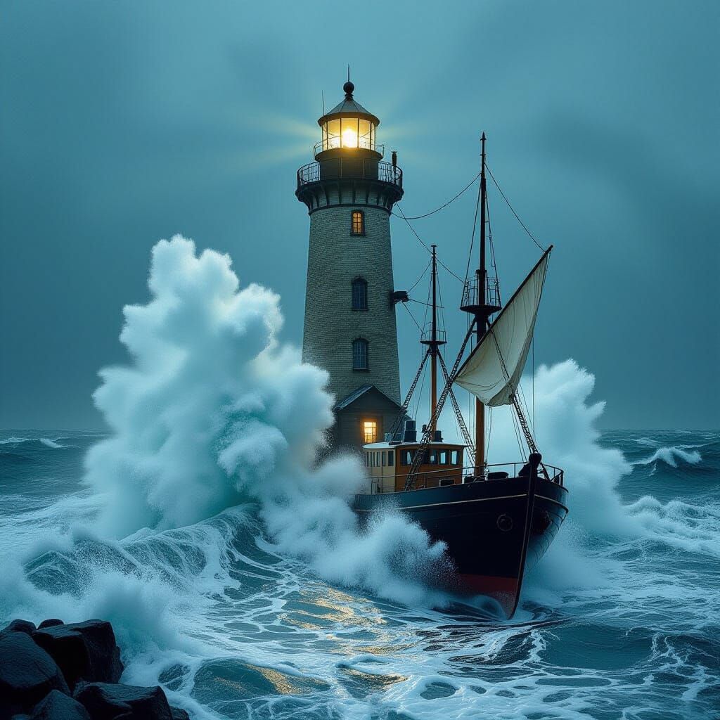 Lighthouse Battles White Squall In Dramatic Print Style