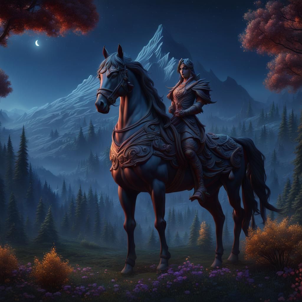 Mountain Garden Horse at Night: Detailed Matte Painting
