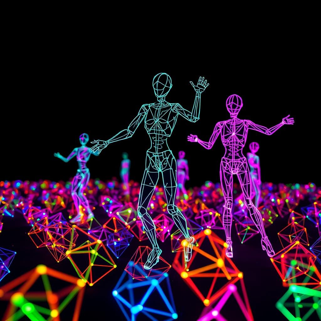 Dancing Wireframe Humans in a Neon Polyhedral Field