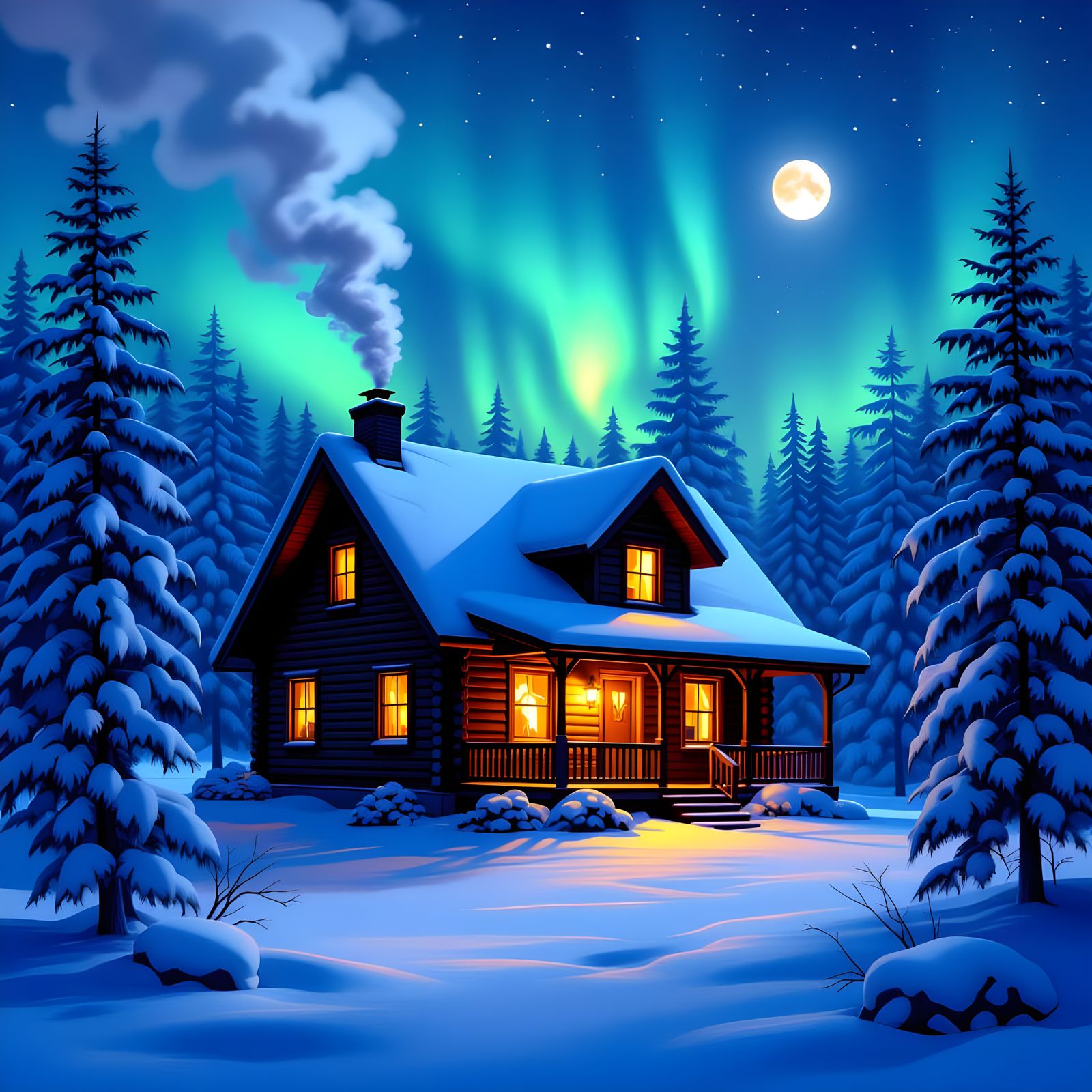 Cozy Cabin Under Northern Lights in Winter Forest