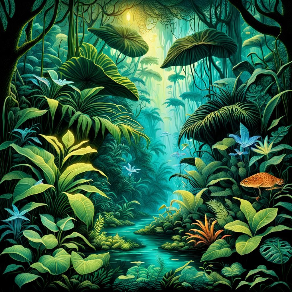 an enchanted jungle, bathed in the ethereal glow of bioluminescent flora and fauna.
