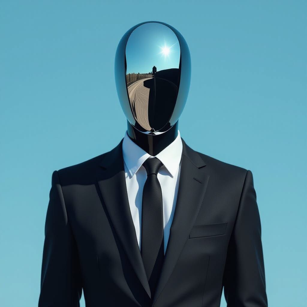 Faceless Man in Suit with Mirror Head, Futuristic Minimalist...