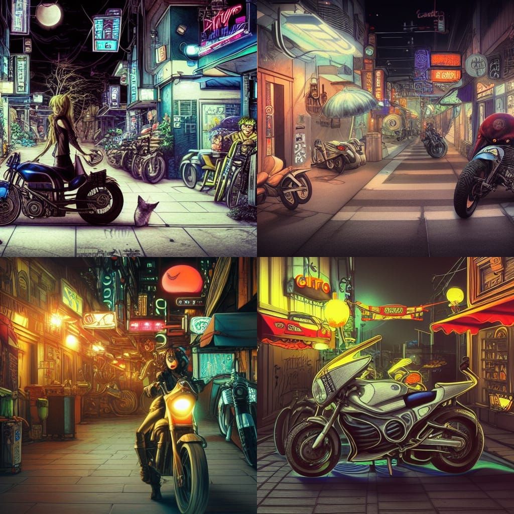 Cyberpunk Night Cafe with Motorbikes and Cat