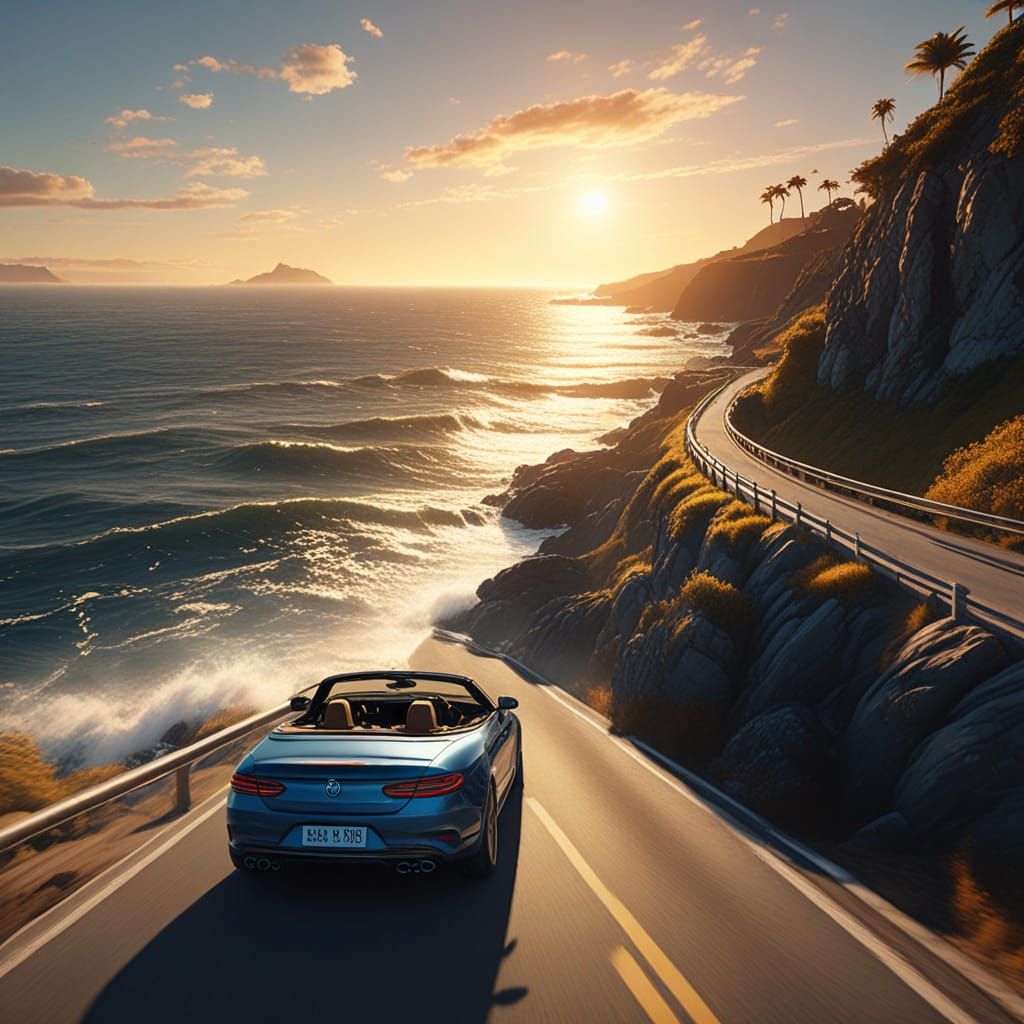 Convertible on Coastal Road in Digital Matte Painting