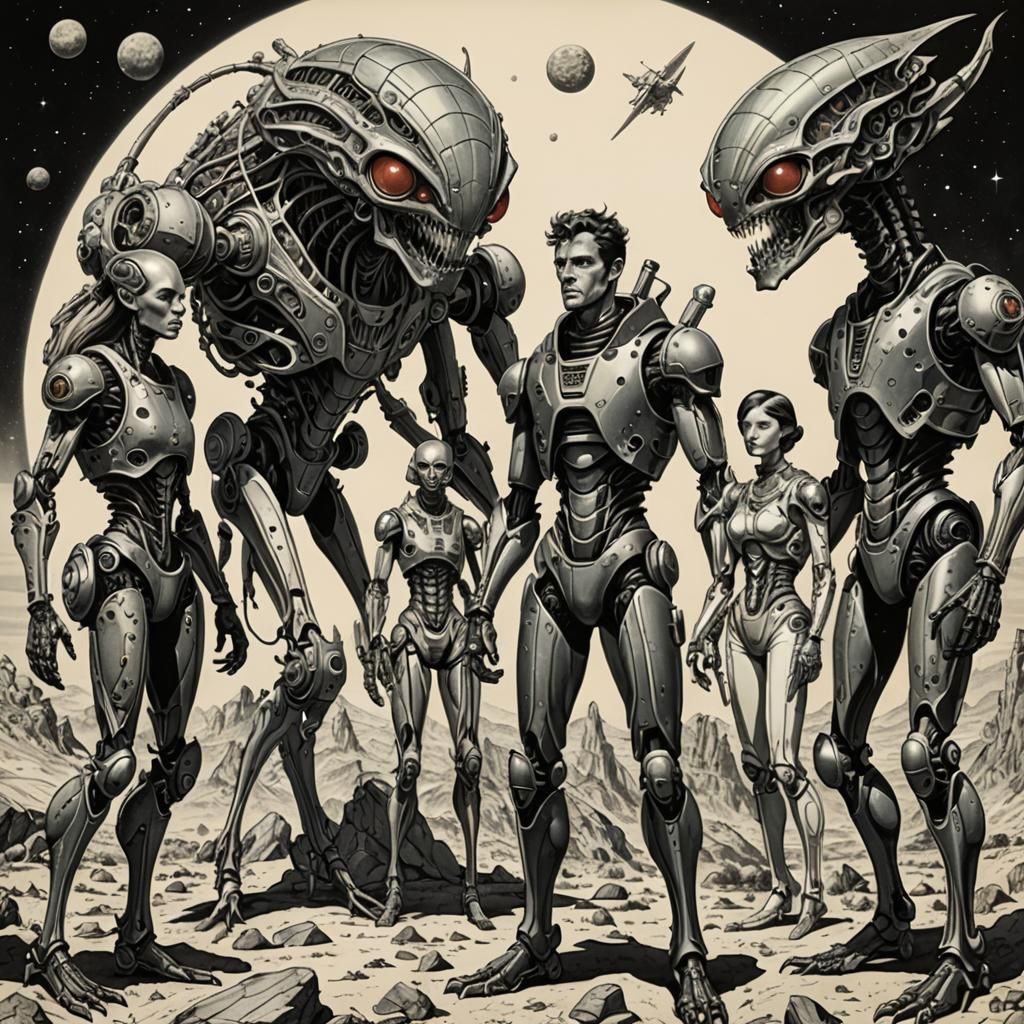 Pen-and-Ink Drawing of Friendly Aliens Meeting Humans