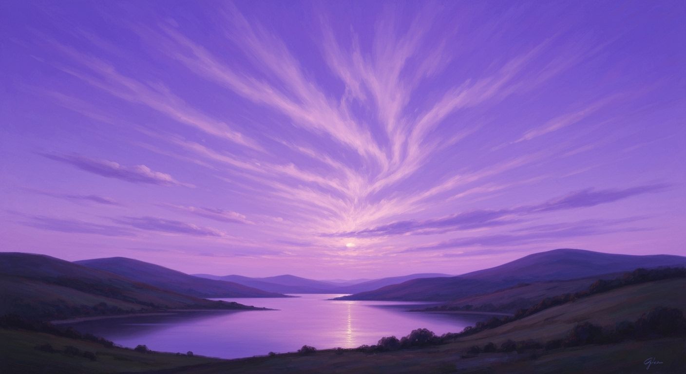 Serene Hills and Lake Under Purple Sky
