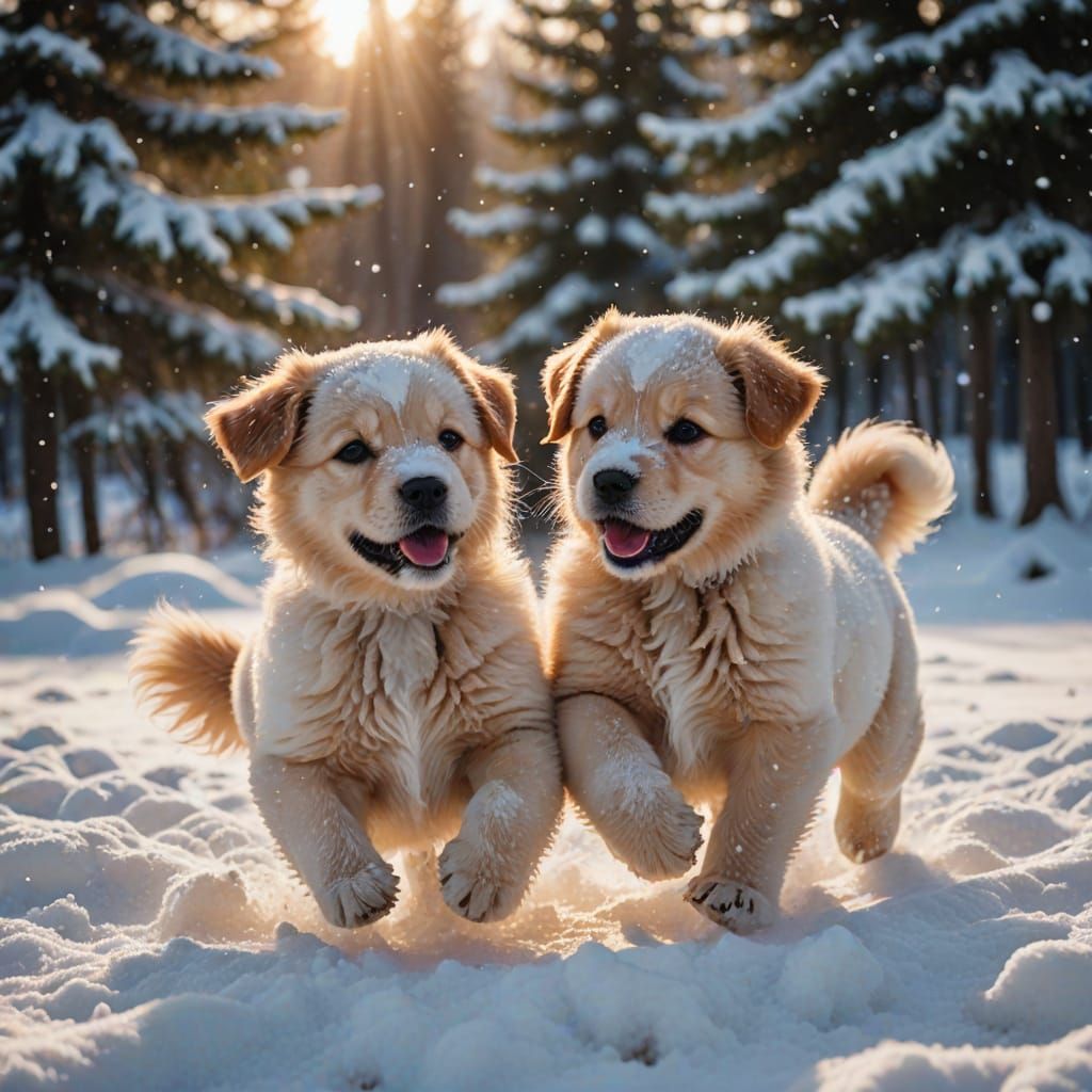 Adorable Golden Retriever Puppies Play in Snowy Winter Wonde...