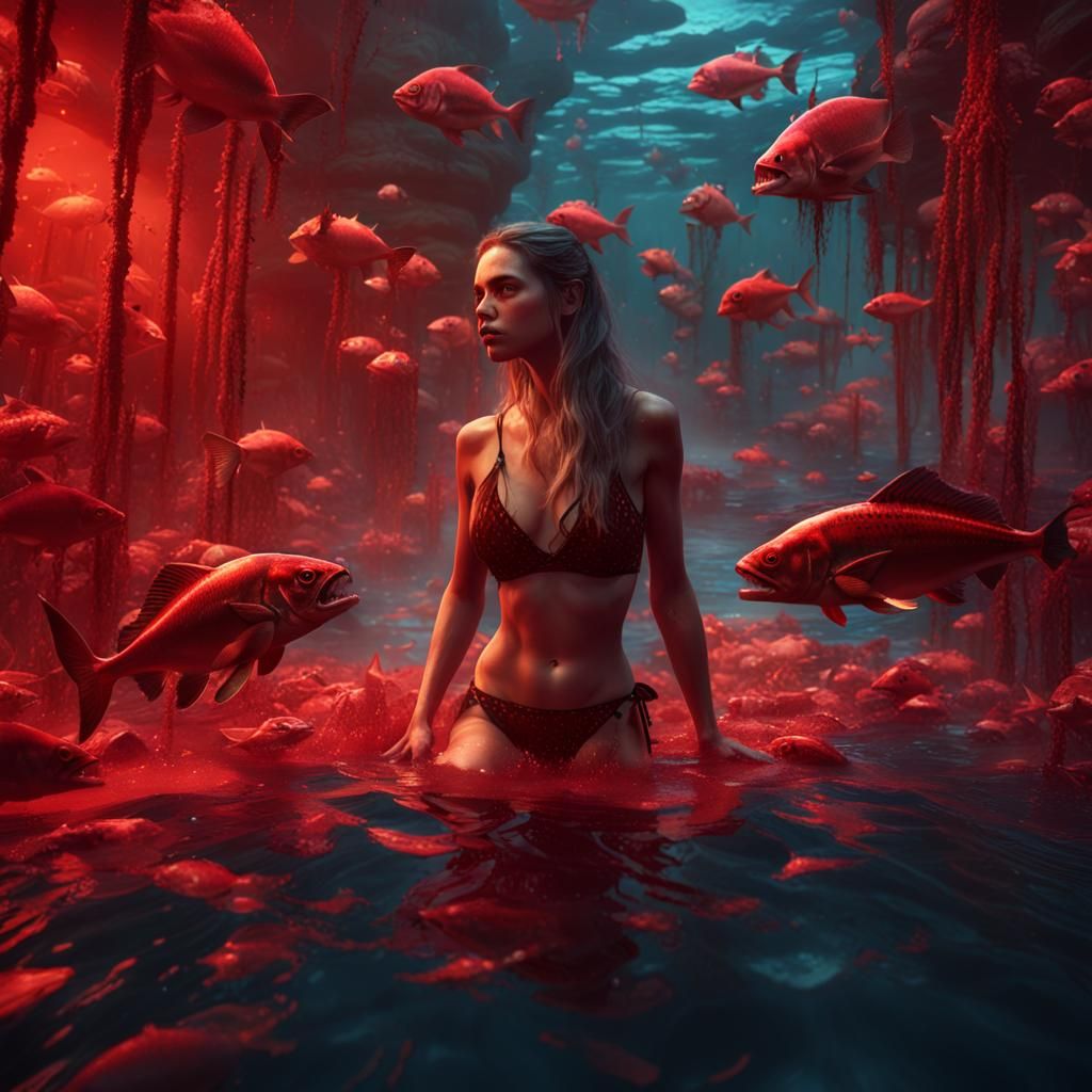 Bathing Woman in Piranha-Infested Blood Red Sea