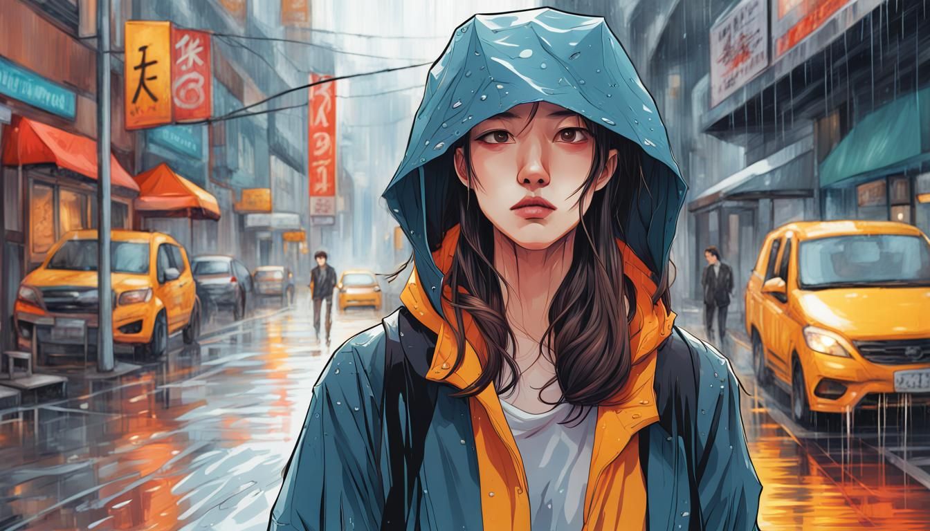 Woman Walking in Rain: Manhwa Illustration
