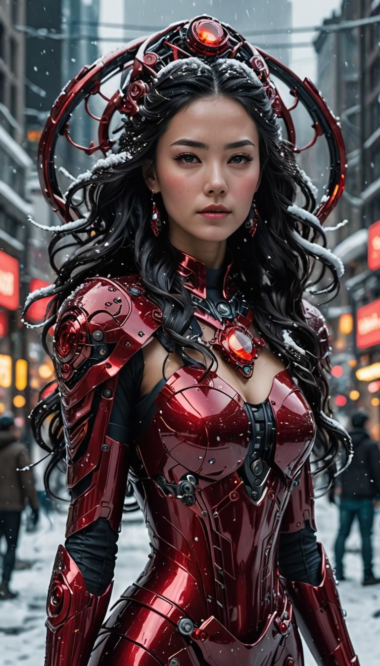 Bio-Mechanical Snow Goddess Android in Ruby Dress
