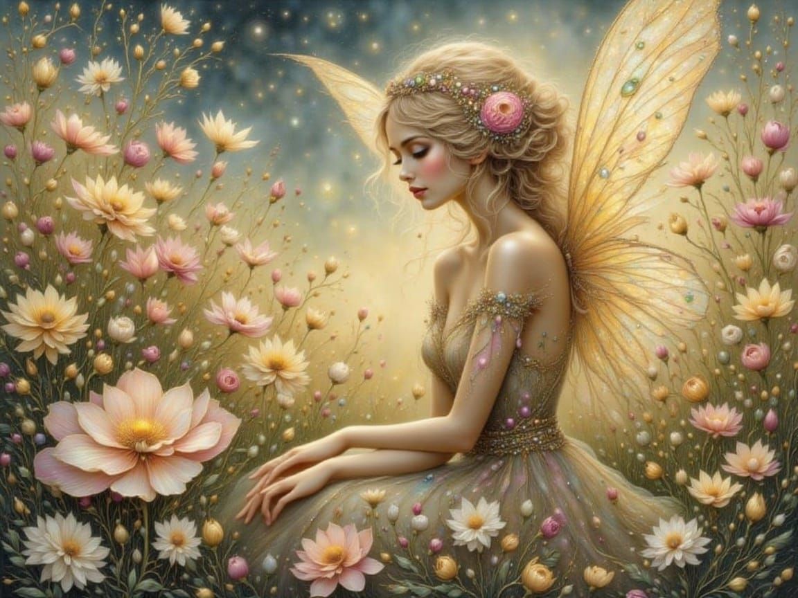 Golden Morning Light Fairy Among Flowers