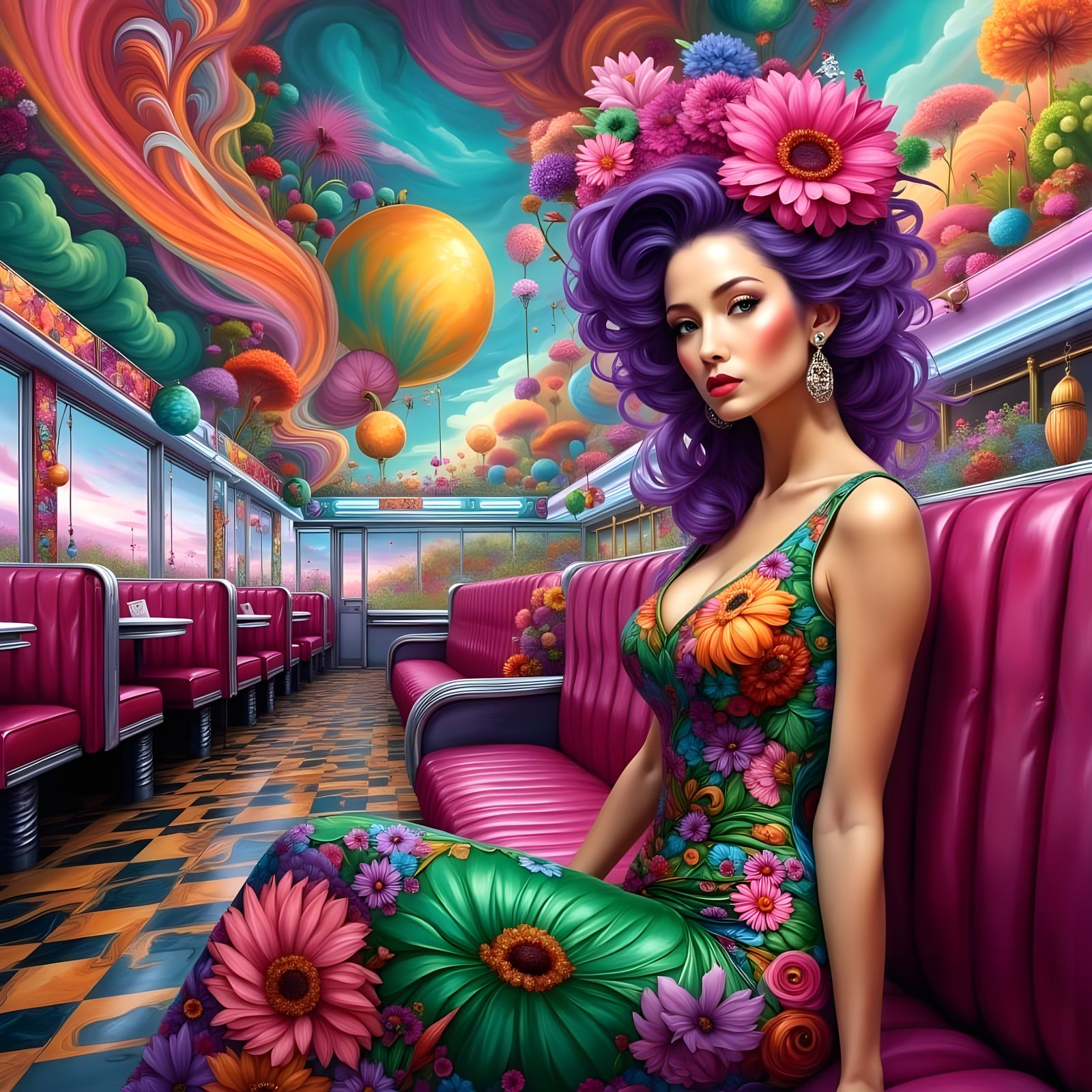 Psychedelic Portrait of a 1960s Beauty in Retro Diner Settin...