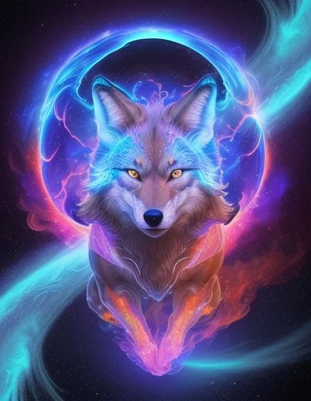 Astral Fire Wolf: Holographic Cosmic Illustration