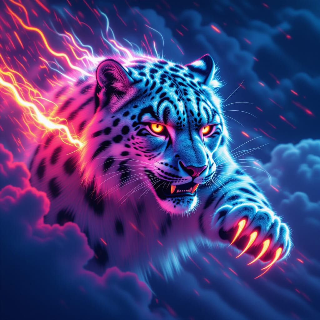 Neon Runes Surround Leaping Snow Leopard