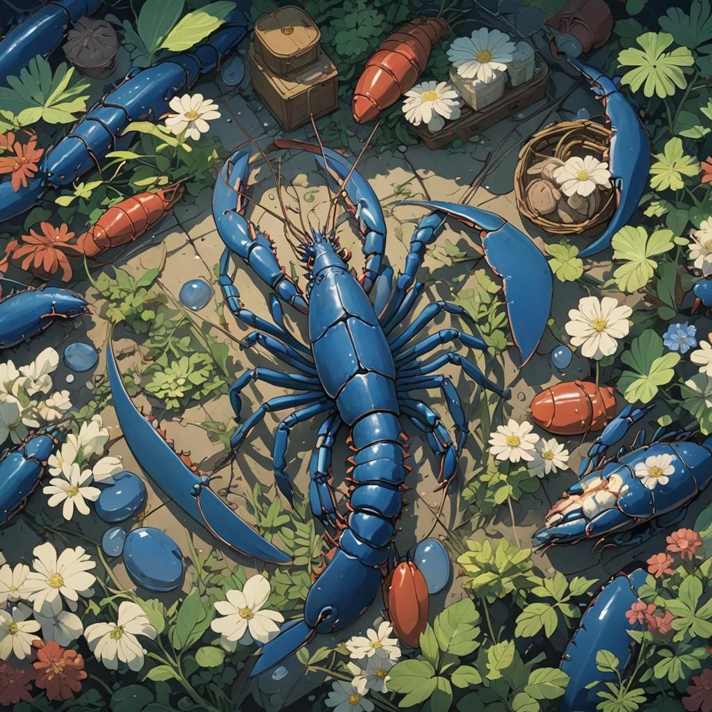 Blue Lobster in Studio Ghibli Anime Style