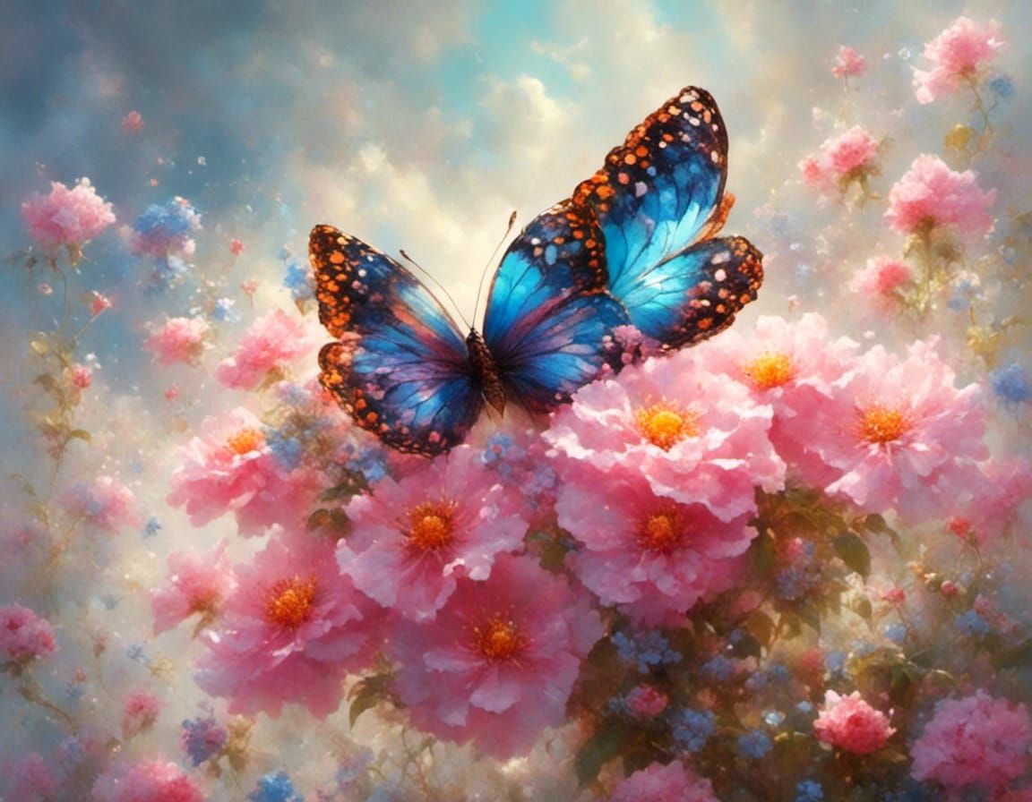 Multicolored Butterfly on Flower in Ethereal Style