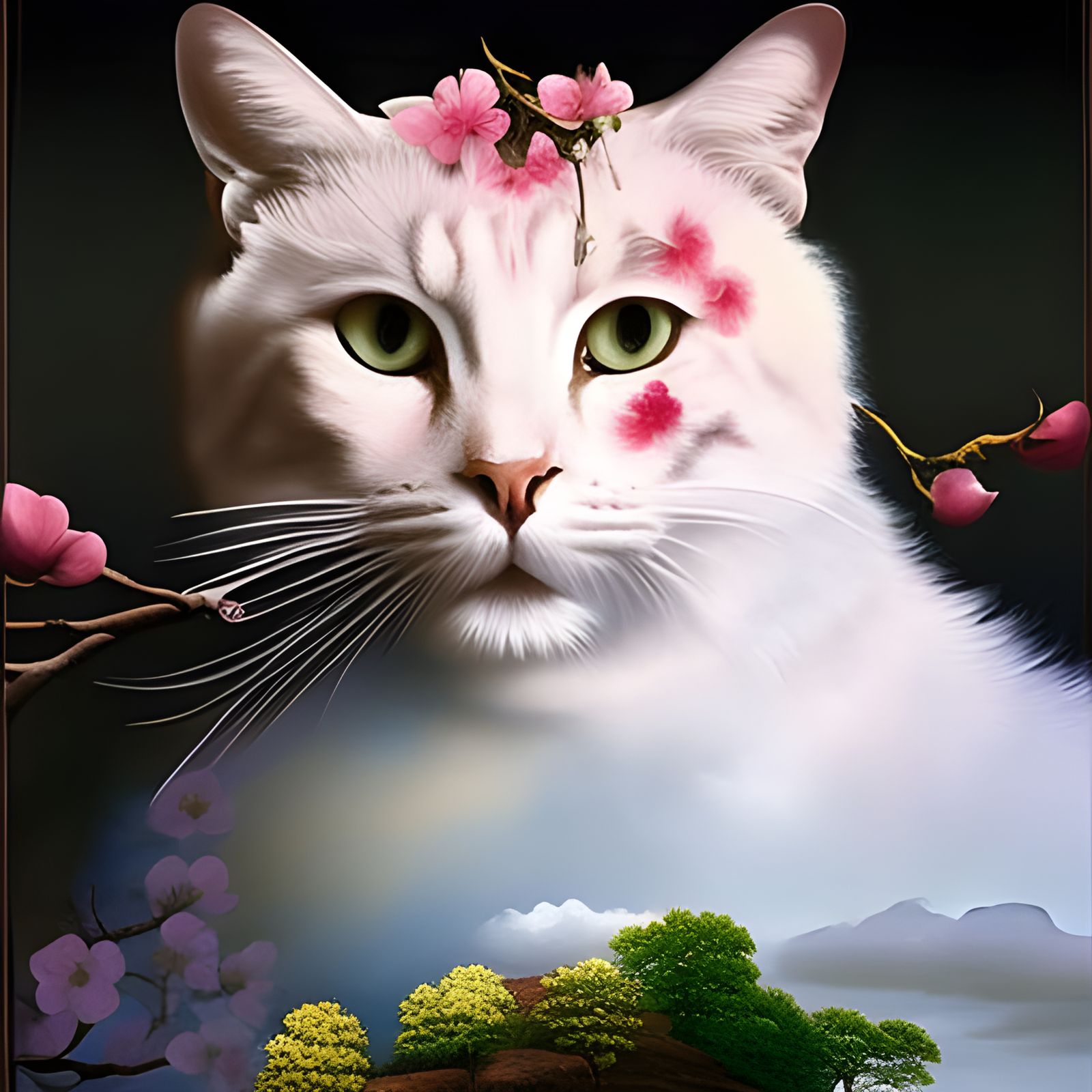 Cat Metamorphosis into Cherry Tree: Baroque Oil Painting