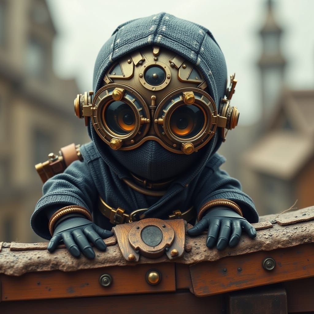 Steampunk Ninja Lurking on Rooftop in Contemporary Style