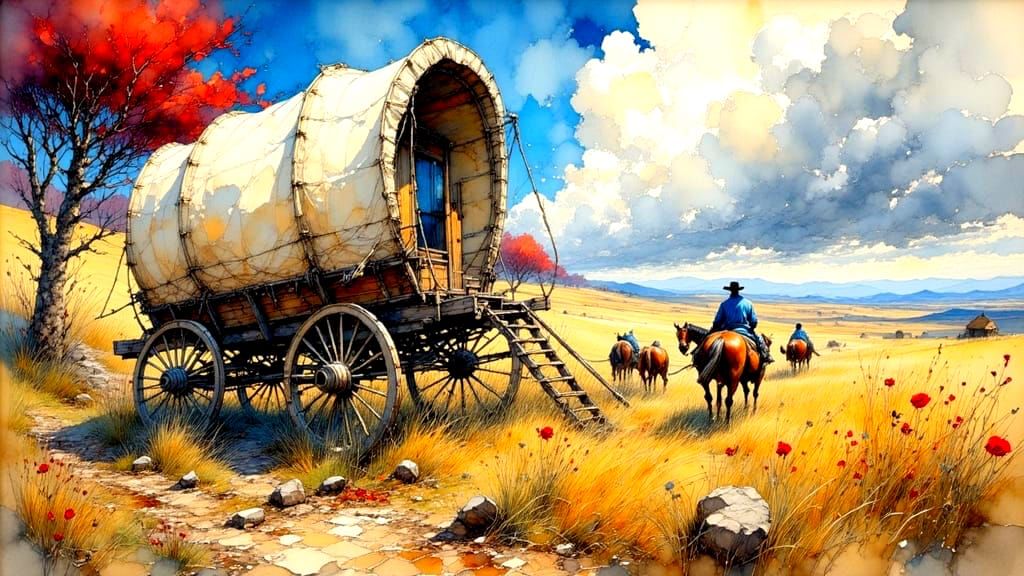 An old western conestoga wagon on the Oregon trail.