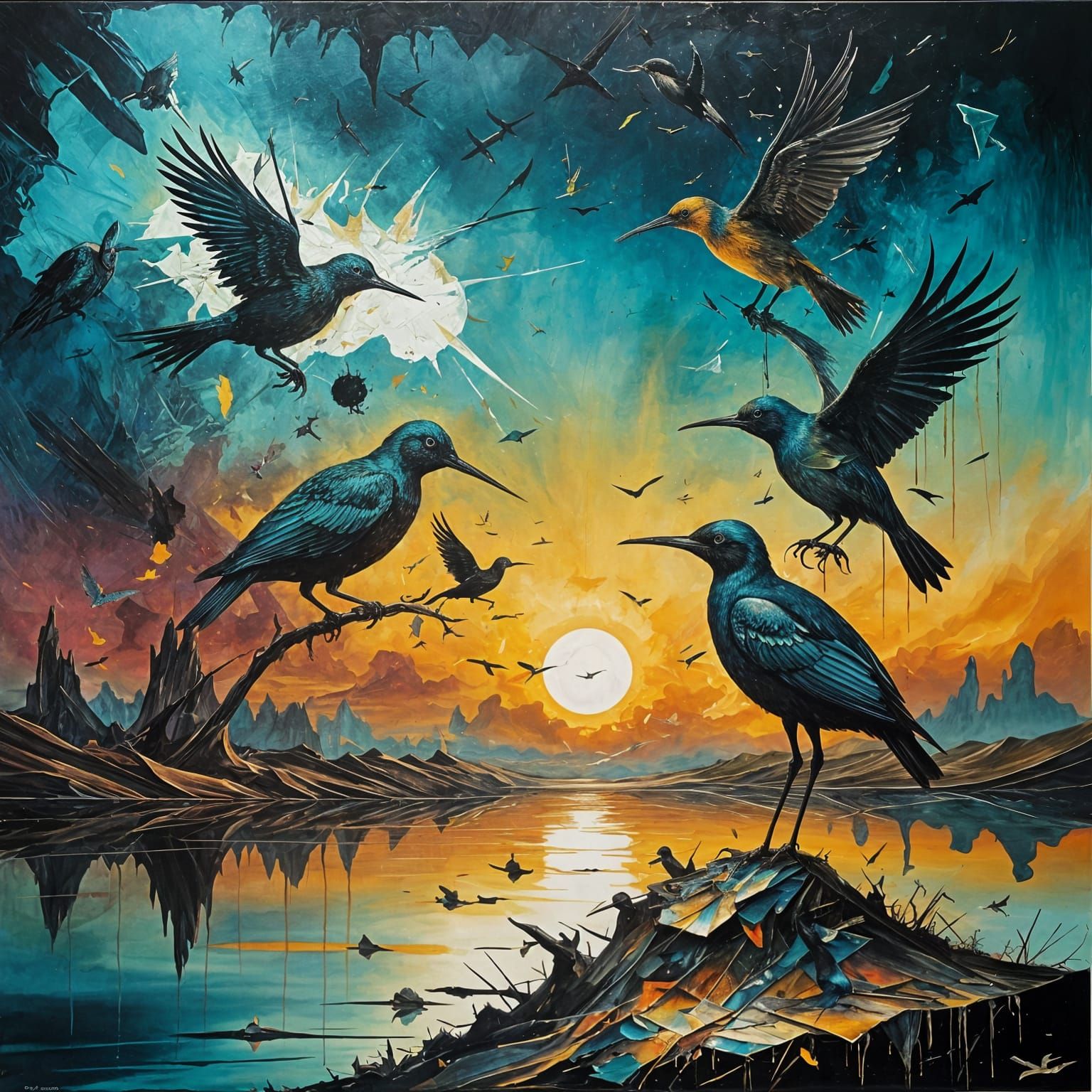 Surreal Birds in Dreamscape as Oil Painting