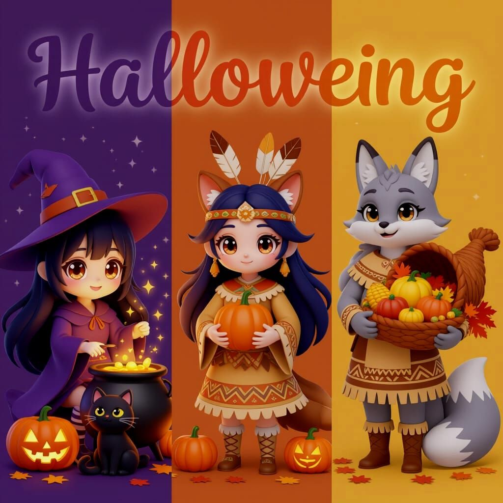 Anime Triptych: Halloween, Thanksgiving, and Christmas Kitsu...