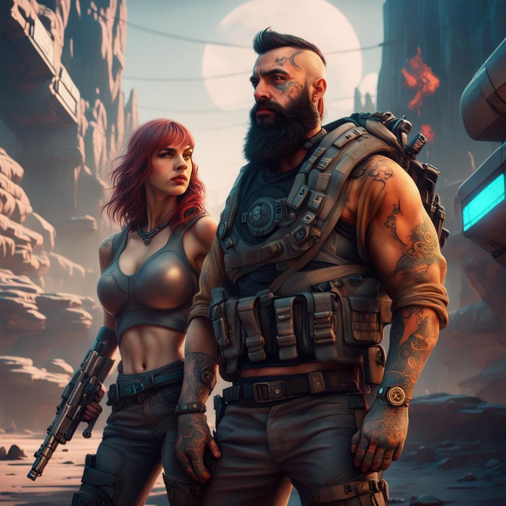 Cyberpunk Mercenary and Lion Companion in Neo-Tokyo