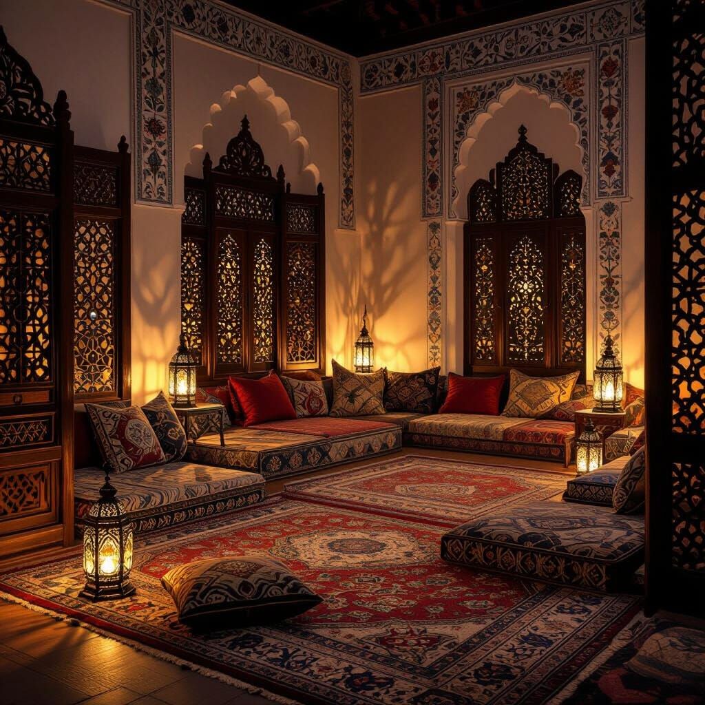 Serene Medieval Persian Living Room with Golden Lanterns