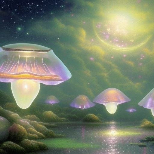 Moon Jellyfish Ensemble in Dreamy Galactic Light