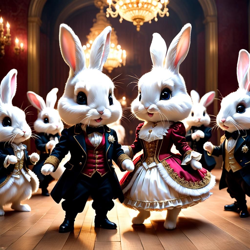Anthropomorphic Bunnies Dancing, 3D Rendered Art