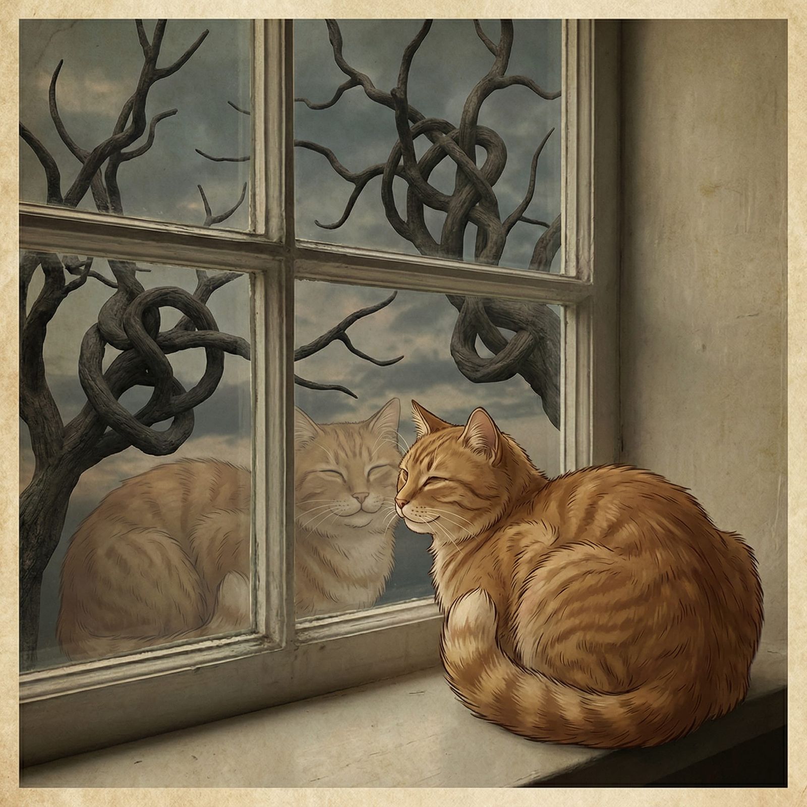 Surreal Cat Reflection in Twisted Tree Window