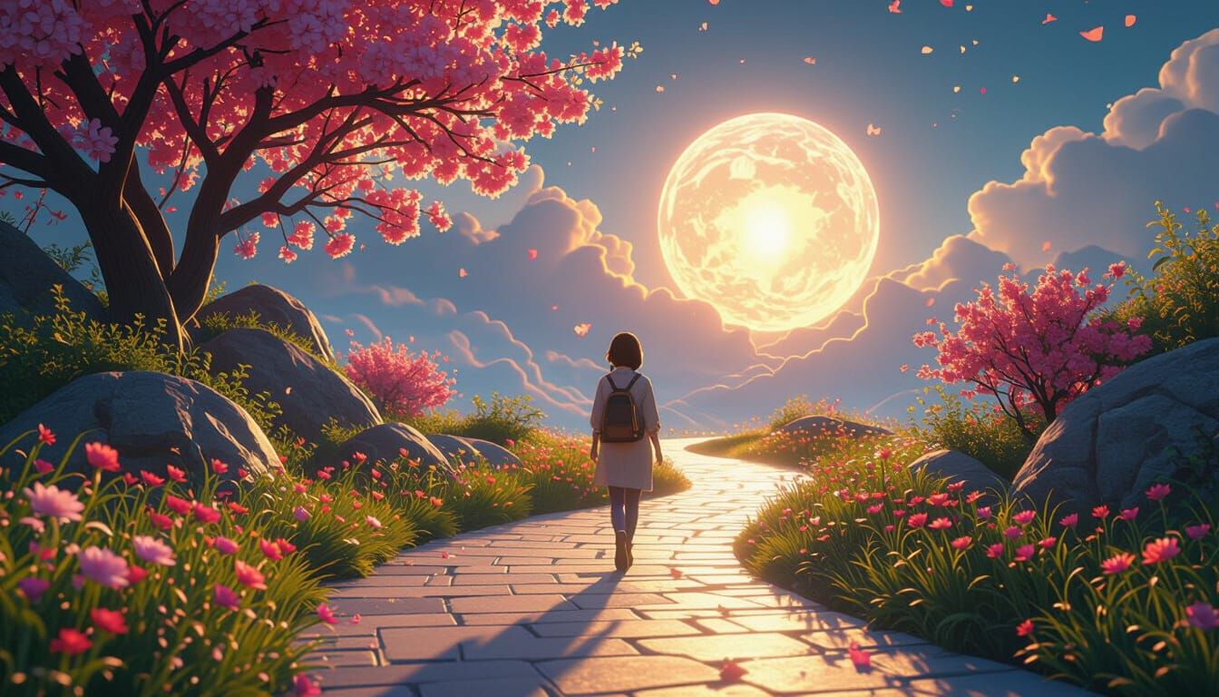 Person Walks Sunlit Path to Joyful Success