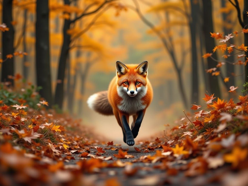 Fox Sprints Through Autumn Forest Landscape