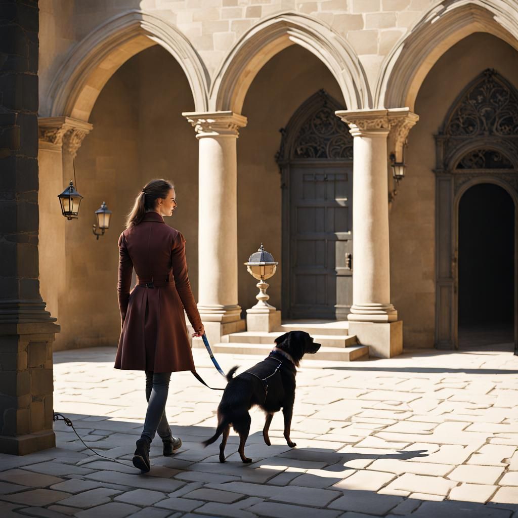 Woman Walking Dog in Castle Courtyard