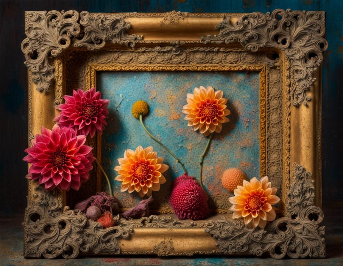 Surrealist Dahlia Flowers in Ornate Frame, Encaustic Paintin...