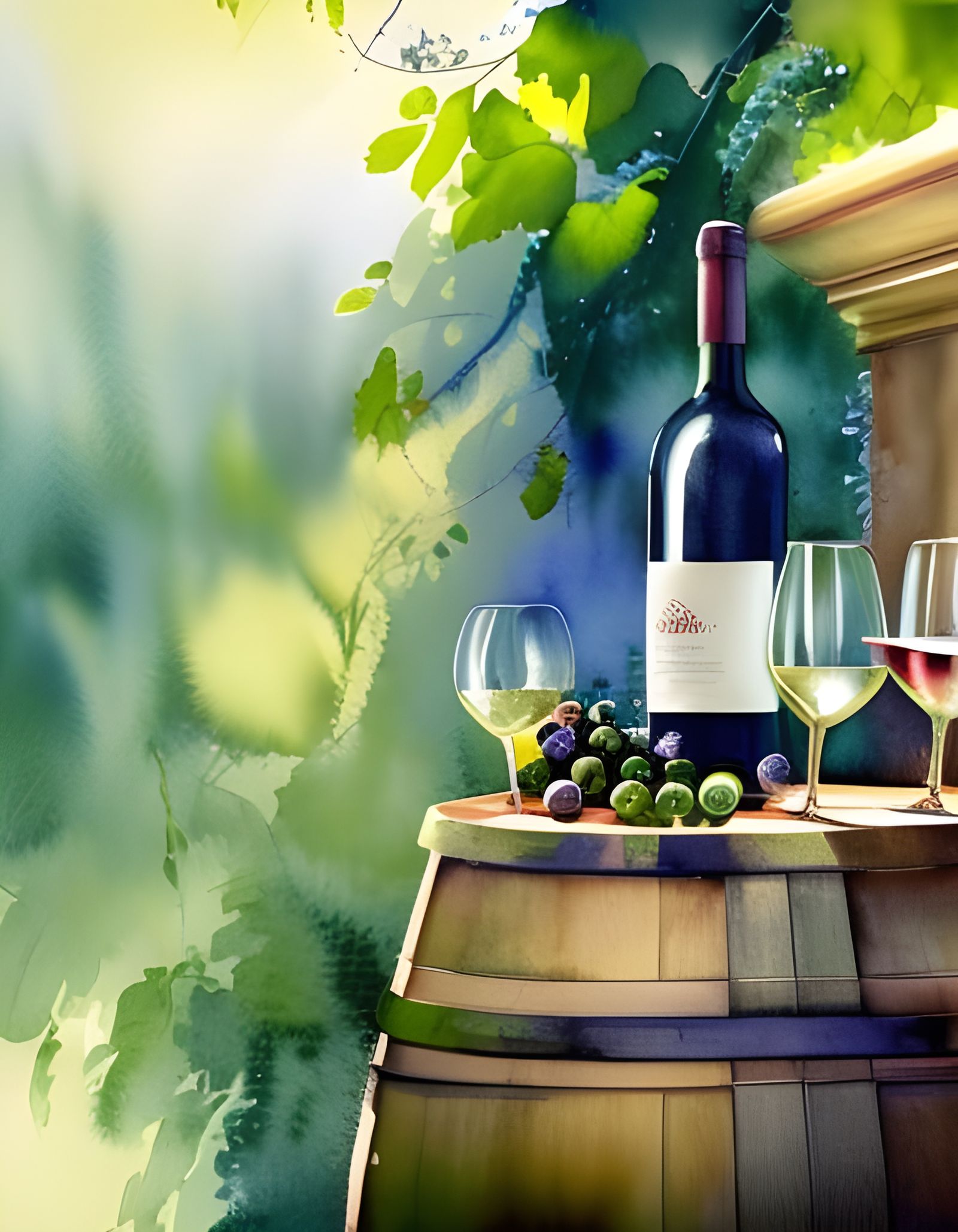 Wine Bottle in Sunshine Garden, Watercolor Art