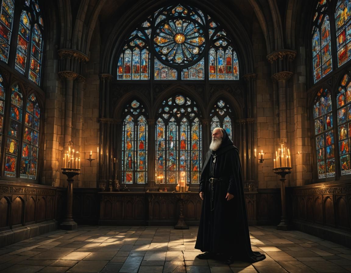 Mysterious Figure in Gothic Hall with Stained Glass