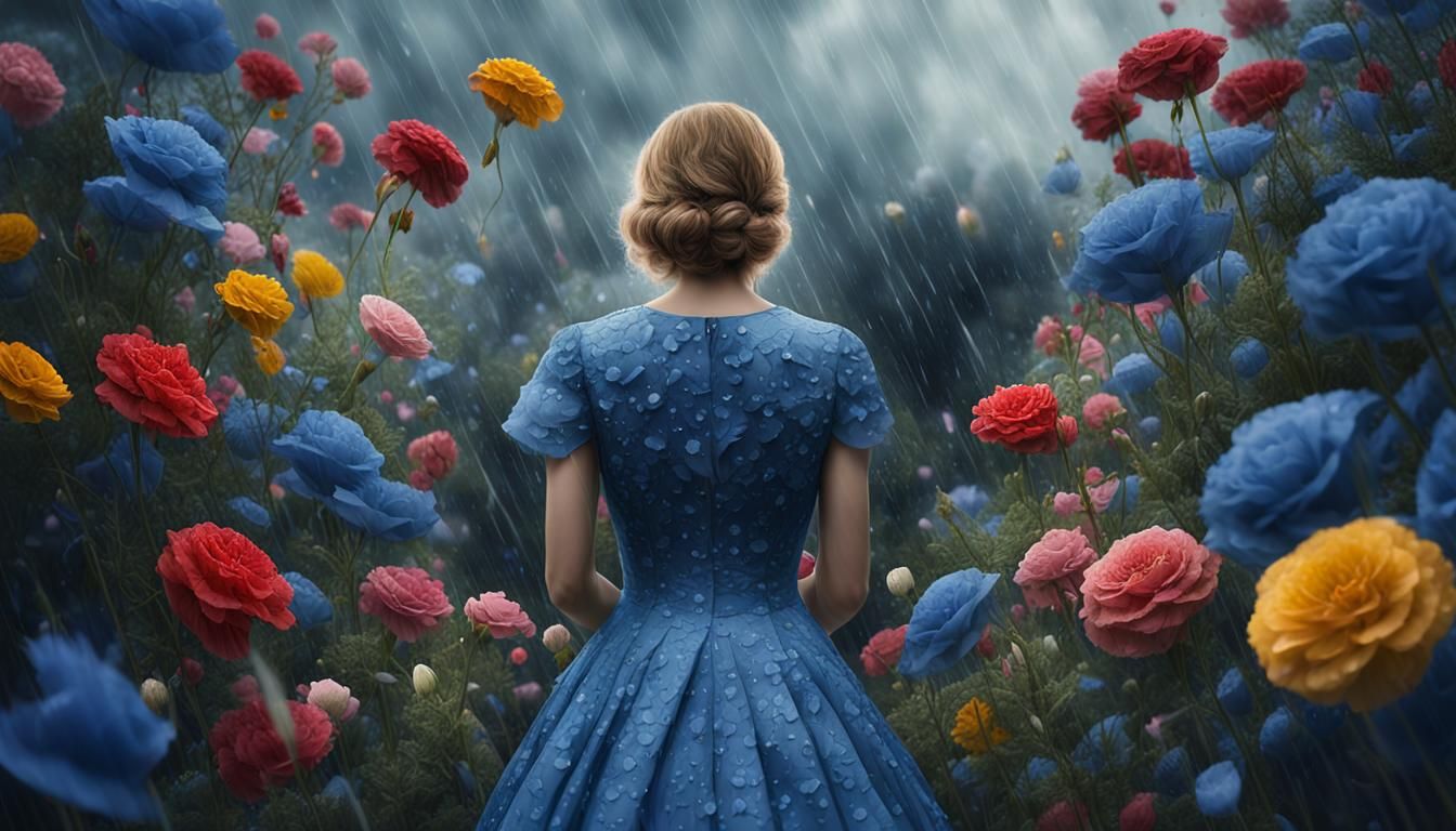 Whimsical Expressionistic Garden Scene on Rainy Day