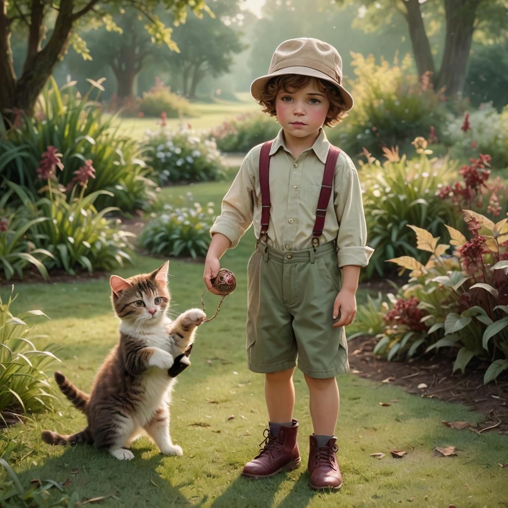 Ethereal Boy with Kitten in Dreamy Oil Painting