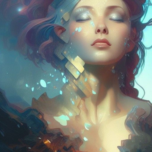 Fairy Portrait with Waterfall in Art Nouveau Style