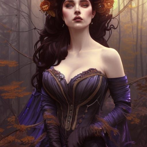 Steampunk Vampire in Autumn Forest, Hyperdetailed Art
