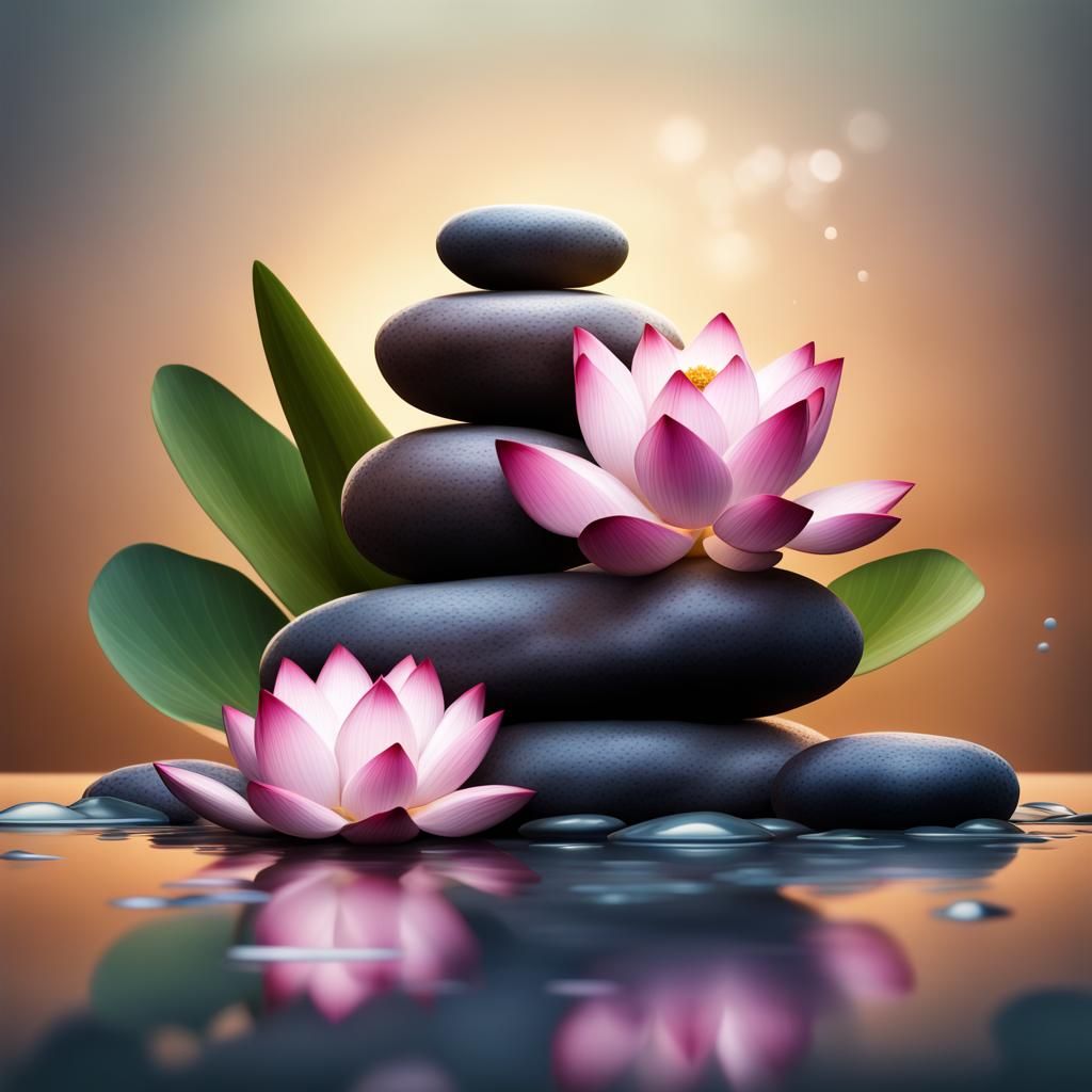 Hyperrealistic Zen Rock Stack with Lotus Flower