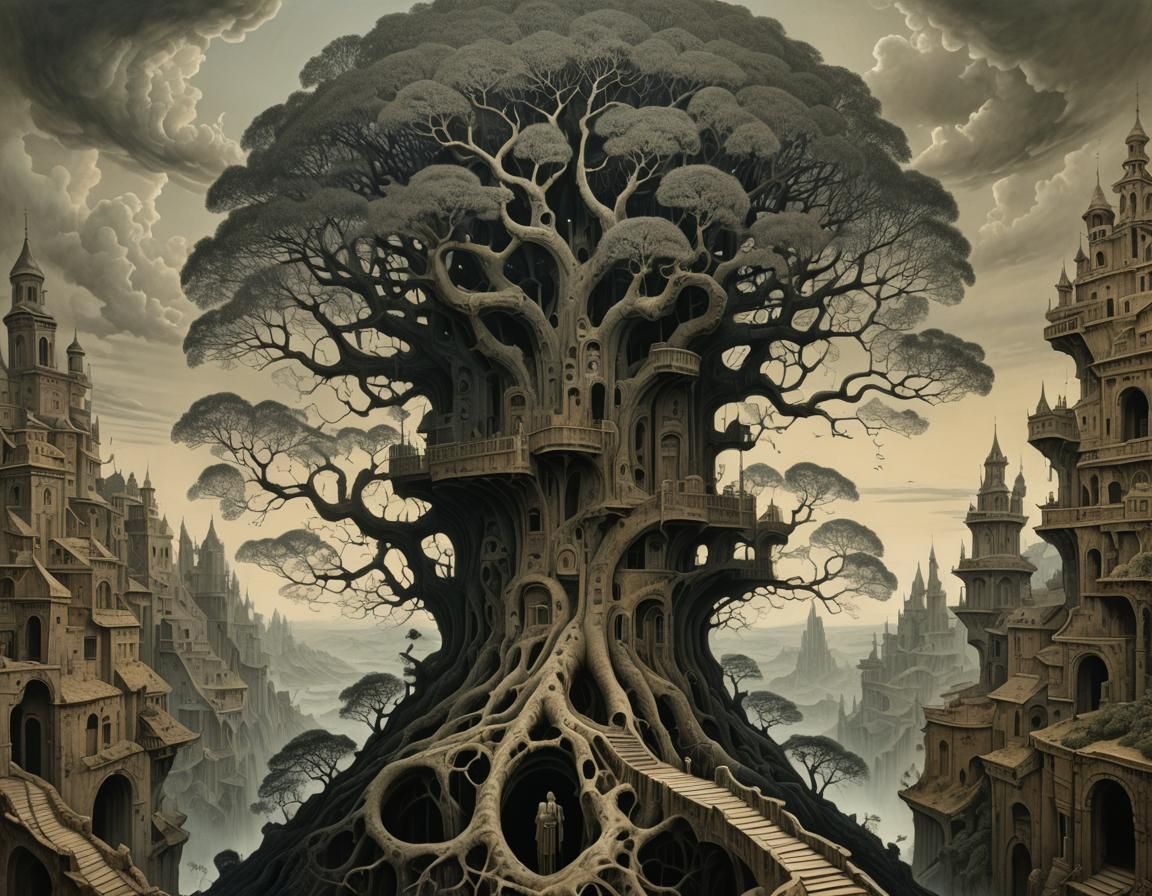 Surreal Tree Structure at Sunset, Dreamlike Art