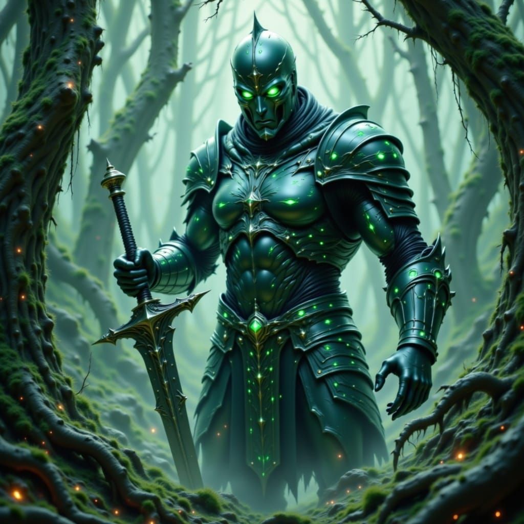 A towering and imposing figure named the Green Knight stands...